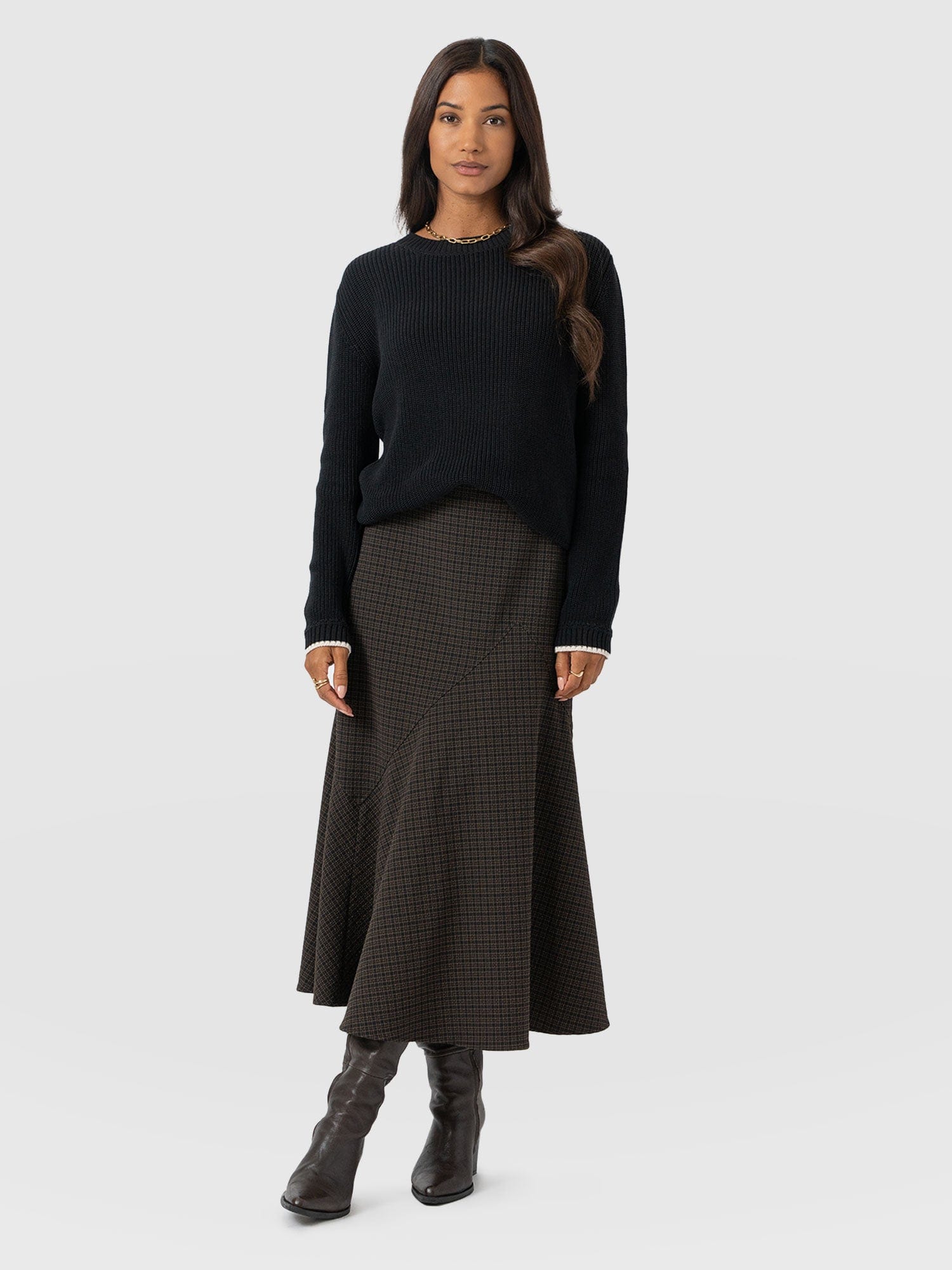 Piper Panelled Skirt - Brown Check - Women's Skirts | Saint + Sofia® UK